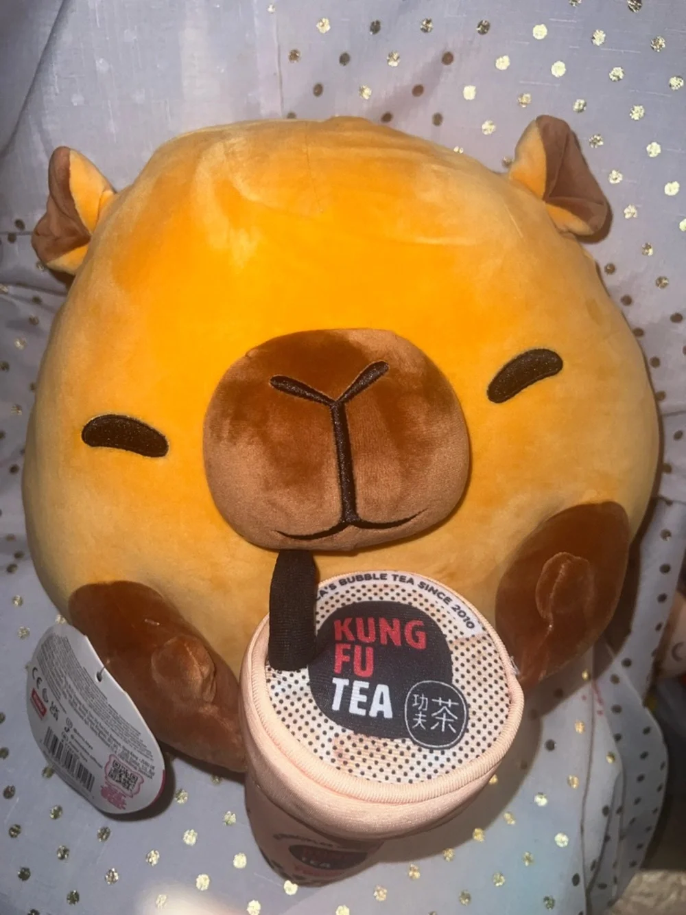 Capibara Kung Fu Tea Plush with Peach Bubble Tea Accessory - Brown/Orange